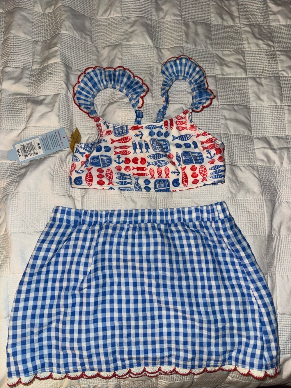 Cat & Jack Blue Gingham Skirt with Nautical Print SwimSuit Top SZ 8